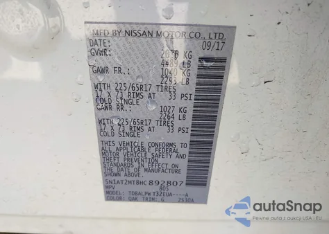 2017 Nissan Rogue S z USA, uszkodzony, nr VIN 5N1AT2MT8HC892807